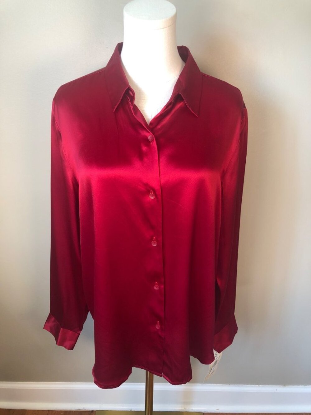 NWT Norton McNaughton 100% Silk Ruby Red Long Sleeve Button Front Blouse Size 12